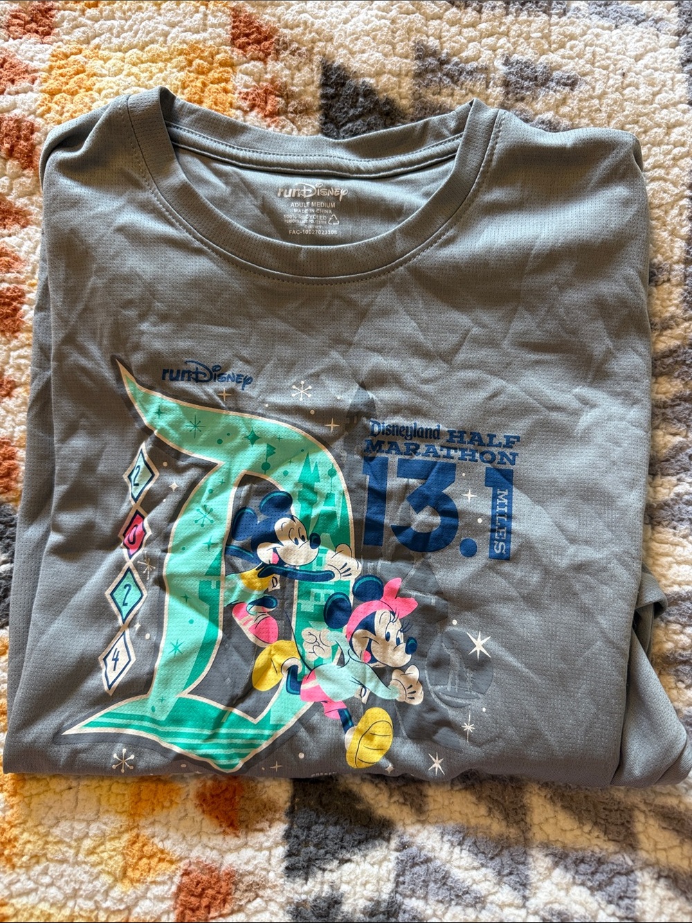 Disney Gray Short Sleeve Tee with Teal D and Multicolor Mickey & Minnie Graphic